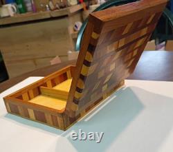 Unique Vintage Wood Jewelry Box With Decorative Marquetry Herringbone Inlay