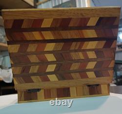 Unique Vintage Wood Jewelry Box With Decorative Marquetry Herringbone Inlay