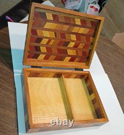 Unique Vintage Wood Jewelry Box With Decorative Marquetry Herringbone Inlay