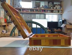 Unique Vintage Wood Jewelry Box With Decorative Marquetry Herringbone Inlay