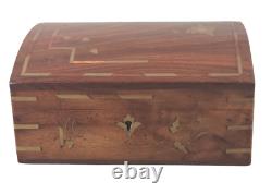 VINTAGE Anglo-Indian WOOD BRASS INLAY FLORAL HINGED DIVIDED JEWELRY TRINKET BOX