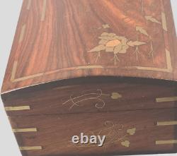 VINTAGE Anglo-Indian WOOD BRASS INLAY FLORAL HINGED DIVIDED JEWELRY TRINKET BOX