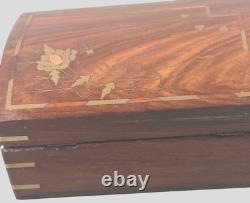 VINTAGE Anglo-Indian WOOD BRASS INLAY FLORAL HINGED DIVIDED JEWELRY TRINKET BOX