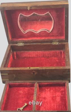 VINTAGE Anglo-Indian WOOD BRASS INLAY FLORAL HINGED DIVIDED JEWELRY TRINKET BOX