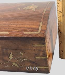 VINTAGE Anglo-Indian WOOD BRASS INLAY FLORAL HINGED DIVIDED JEWELRY TRINKET BOX