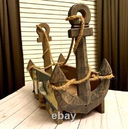 VINTAGE Nautical Anchor Large WOODEN CRATE Box Farmhouse Decor Rustic Storage