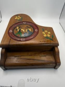 VINTAGE REUGE Swiss Musical Movement Wood Hand Painted Floral Trinket Box Brown