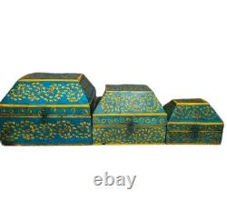 VINTAGE Set Of 3 Anglo Raj Wooden Box Hand Painted Indian Chest Trinkets 1950s