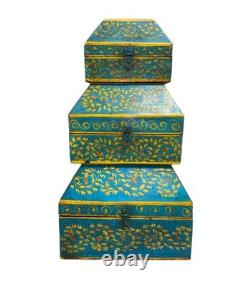VINTAGE Set Of 3 Anglo Raj Wooden Box Hand Painted Indian Chest Trinkets 1950s