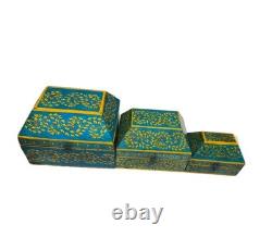 VINTAGE Set Of 3 Anglo Raj Wooden Box Hand Painted Indian Chest Trinkets 1950s