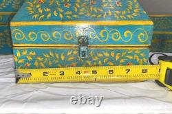 VINTAGE Set Of 3 Anglo Raj Wooden Box Hand Painted Indian Chest Trinkets 1950s