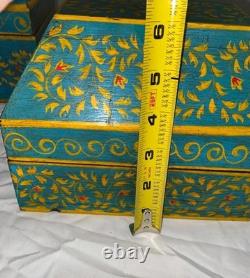 VINTAGE Set Of 3 Anglo Raj Wooden Box Hand Painted Indian Chest Trinkets 1950s