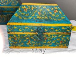VINTAGE Set Of 3 Anglo Raj Wooden Box Hand Painted Indian Chest Trinkets 1950s