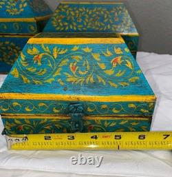 VINTAGE Set Of 3 Anglo Raj Wooden Box Hand Painted Indian Chest Trinkets 1950s