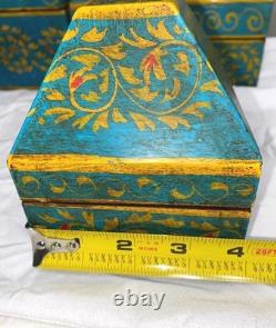 VINTAGE Set Of 3 Anglo Raj Wooden Box Hand Painted Indian Chest Trinkets 1950s