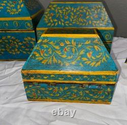 VINTAGE Set Of 3 Anglo Raj Wooden Box Hand Painted Indian Chest Trinkets 1950s