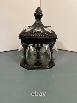 VTG Bronze Apothecary Jar Caged Blown Glass Lidded Jewelry Trinket Candy Dish