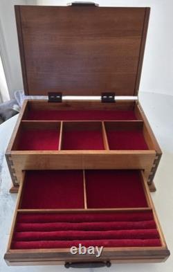 VTG Handcrafted Large Jewelry Box Chest Cherry Wood Red Velvet Inlay 15.5Lx11W