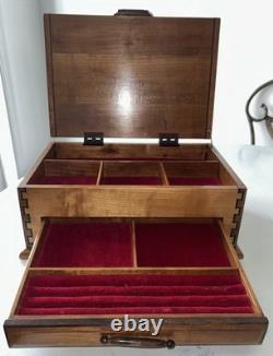 VTG Handcrafted Large Jewelry Box Chest Cherry Wood Red Velvet Inlay 15.5Lx11W