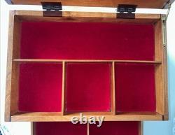 VTG Handcrafted Large Jewelry Box Chest Cherry Wood Red Velvet Inlay 15.5Lx11W
