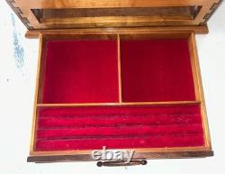 VTG Handcrafted Large Jewelry Box Chest Cherry Wood Red Velvet Inlay 15.5Lx11W