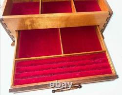 VTG Handcrafted Large Jewelry Box Chest Cherry Wood Red Velvet Inlay 15.5Lx11W