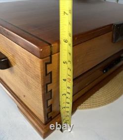 VTG Handcrafted Large Jewelry Box Chest Cherry Wood Red Velvet Inlay 15.5Lx11W