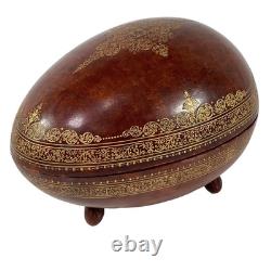 VTG MCM Leather Wrapped Wooden Brown Egg Box Tooled Gold Accent Made In Italy