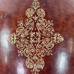 VTG MCM Leather Wrapped Wooden Brown Egg Box Tooled Gold Accent Made In Italy