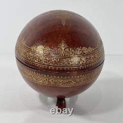 VTG MCM Leather Wrapped Wooden Brown Egg Box Tooled Gold Accent Made In Italy
