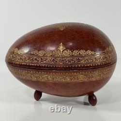 VTG MCM Leather Wrapped Wooden Brown Egg Box Tooled Gold Accent Made In Italy