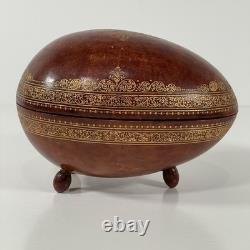VTG MCM Leather Wrapped Wooden Brown Egg Box Tooled Gold Accent Made In Italy