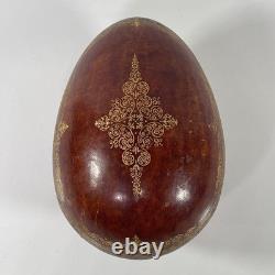 VTG MCM Leather Wrapped Wooden Brown Egg Box Tooled Gold Accent Made In Italy