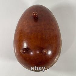 VTG MCM Leather Wrapped Wooden Brown Egg Box Tooled Gold Accent Made In Italy