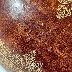 VTG MCM Leather Wrapped Wooden Brown Egg Box Tooled Gold Accent Made In Italy