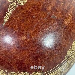 VTG MCM Leather Wrapped Wooden Brown Egg Box Tooled Gold Accent Made In Italy
