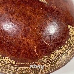 VTG MCM Leather Wrapped Wooden Brown Egg Box Tooled Gold Accent Made In Italy