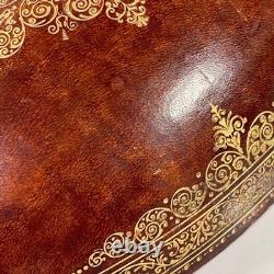 VTG MCM Leather Wrapped Wooden Brown Egg Box Tooled Gold Accent Made In Italy