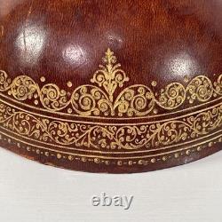 VTG MCM Leather Wrapped Wooden Brown Egg Box Tooled Gold Accent Made In Italy