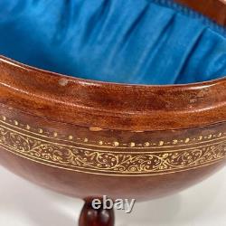 VTG MCM Leather Wrapped Wooden Brown Egg Box Tooled Gold Accent Made In Italy