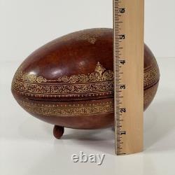VTG MCM Leather Wrapped Wooden Brown Egg Box Tooled Gold Accent Made In Italy