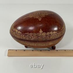 VTG MCM Leather Wrapped Wooden Brown Egg Box Tooled Gold Accent Made In Italy