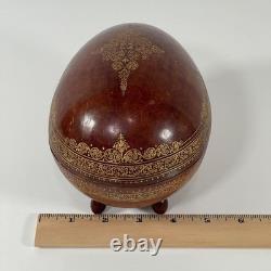 VTG MCM Leather Wrapped Wooden Brown Egg Box Tooled Gold Accent Made In Italy