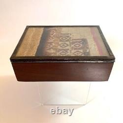 VTG Peruvian Wood Trinket Box Hammered Silver Rim Chancay Textile Glass Top 6