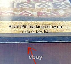 VTG Peruvian Wood Trinket Box Hammered Silver Rim Chancay Textile Glass Top 6