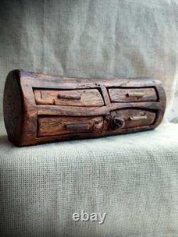 Very OLD Vintage Hand Carved Wood 4 Drawer Trinket Jewelry Box American Rustics