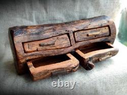 Very OLD Vintage Hand Carved Wood 4 Drawer Trinket Jewelry Box American Rustics
