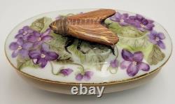 Very Rare Limoges JP France Vintage Trinket Box With Raised Cicada Finial Lid