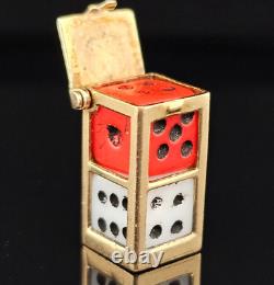 Vintage 14K Gold LUCKY DICE IN CAGE BOX Charm Pendant OPENS