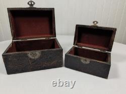 Vintage 1900's Set of 2 Embossed Leather Storage Boxes with Burgundy Velvet Lining